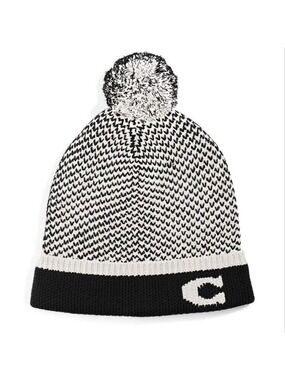 COACH BLACK WHITE COLOR BLOCK KNIT HAT POM POM